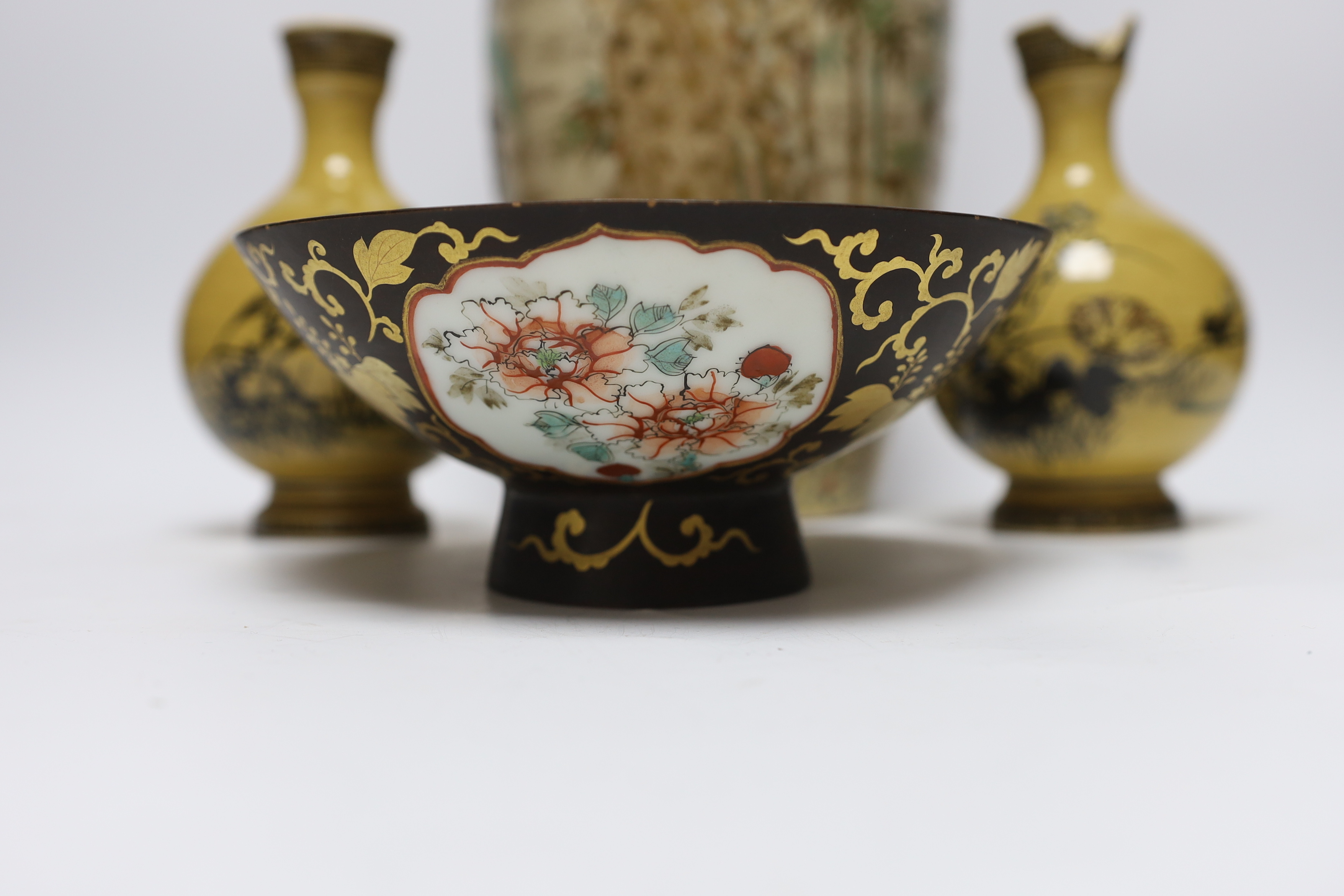 A 19th century Satsuma vase, two ochre pottery vases and a fish designed bowl, (purported to come from Lilly Langtry’s estate), Satsuma vase 36cm high